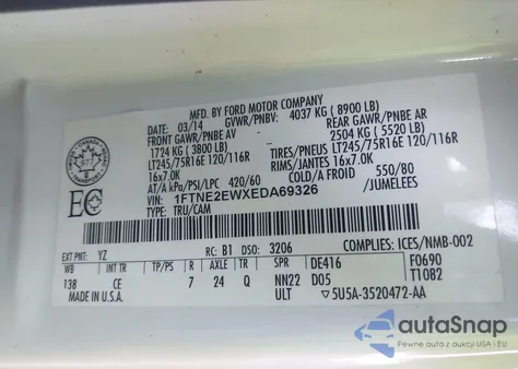 2014 Ford E-250 Commercial из США, поврежденный, VIN 1FTNE2EWXEDA69326